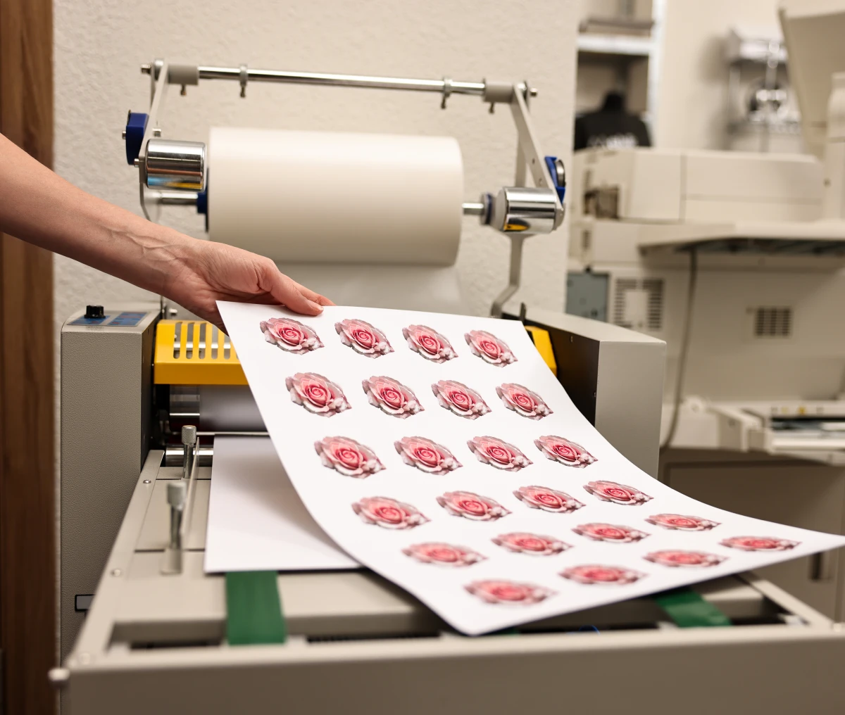 Sheet of printed roses coming from machine.